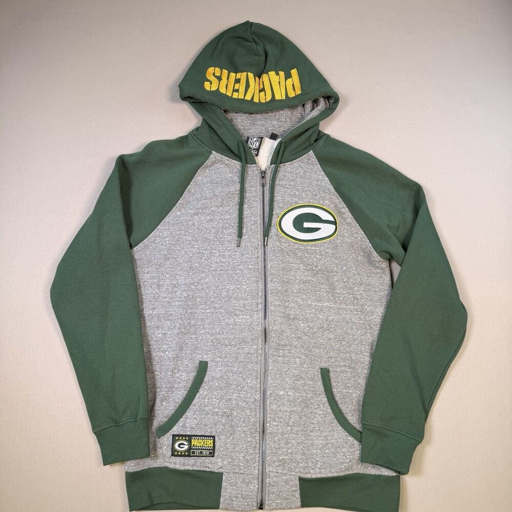 NFL Team Apparel Green Bay Packers Full Zip Hoodie Grey Green Yellow Mens Small